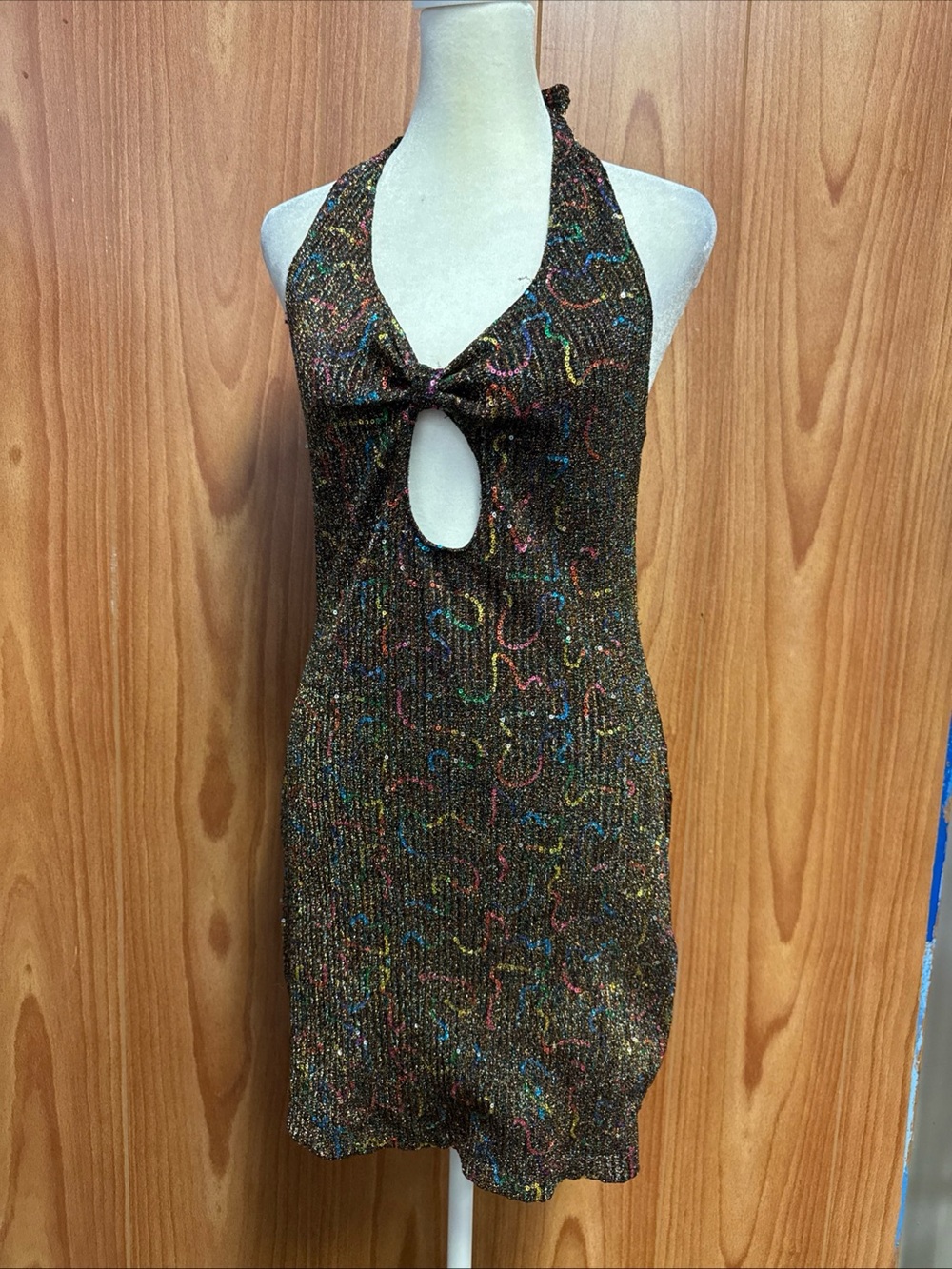 NEW Urban Outfitters Multi Color Sparkle Halter Tie Body Con Mini Dress M Medium